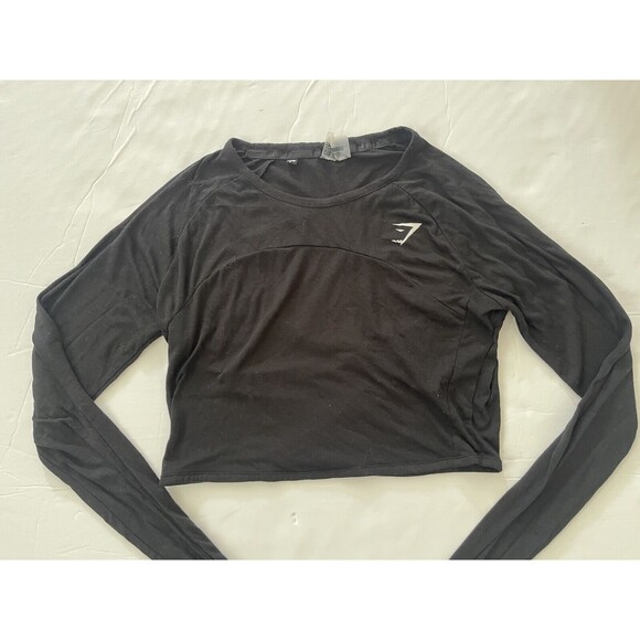 Gymshark Crop Top Womens Size Medium Long‎ Sleeve Flex Sports Black Thumb Holes - Picture 2 of 8